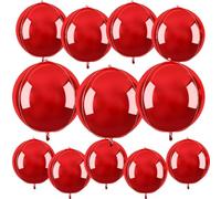 Round Foil Balloons Birthday, 10in 15in 22in 12Pcs Silver Balloons 4D Ball with White Ribbon Glue, Foil Balloon for Helium Wedding, Party Decorations Balloon for Party (Red)