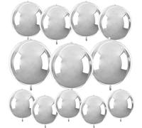 Round Foil Balloons Birthday, 10in 15in 22in 12Pcs Silver Balloons 4D Ball with White Ribbon Glue, Foil Balloon for Helium Wedding, Party Decorations Balloon for Party (Silver)
