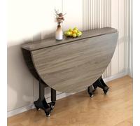 Round Folding Dining Table with Drop Leaf for Small Spaces 6 Wheels Sturdy Metal Frame Supports 400kg Seats 4-8 People 120cm/47in Brown Finish