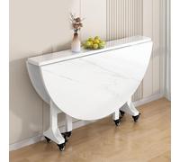 Round Folding Dining Table with Drop Leaf for Small Spaces Sturdy Metal e 6 Universal Wheels Supports 400kg Seats 4 8 People 110cm/43in White