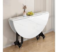 Round Folding Dining Table with Drop Leaf for Small Spaces Sturdy Metal e 6 Universal Wheels Supports 400Kg Seats 4 8 People 140cm/55in White & Black