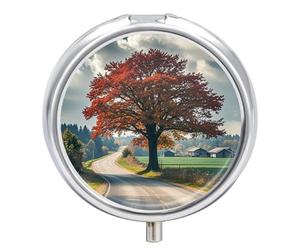 Round Forest Rural Roads Pill Organizer Pill Box 3 Compartment Portable Travel Medicine Case Daily Mini Compact Medicine Container Storage Vitamin Supplement Dispenser