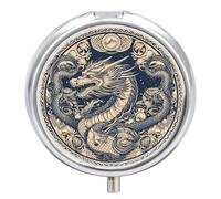 Round Frame Dragon Pill Box 3 Compartment Travel Pill Organizer 3 Times A Day Cute Mini Pill Case for Purse & Pocket Portable Metal Medicine Box with Mirror Round Daily Medicine Vitamin Container