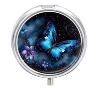 Round Galaxy Blue Butterfly Pill Organizer Pill Box 3 Compartment Portable Travel Medicine Case Daily Mini Compact Medicine Container Storage Vitamin Supplement Dispenser