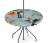 Round Garden Table Cloth With Parasol Hole, Birds Flowers Outdoor Circular Fitted Tablecloth with Umbrella Hole Waterproof Elastic Edged Table Cover for Party Picnic, Fit for 45"-56" Round Tables
