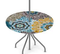 Round Garden Table Cloth With Parasol Hole, Brown Blue Mandala Outdoor Circular Fitted Tablecloth with Umbrella Hole Waterproof Elastic Edged Table Cover for Party Picnic, Fit for 45"-56" Round Tables