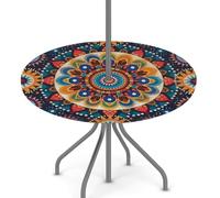 Round Garden Table Cloth With Parasol Hole, Colorful Mandala Outdoor Circular Fitted Tablecloth with Umbrella Hole Waterproof Elastic Edged Table Cover for Party Picnic, Fit for 45"-56" Round Tables