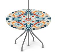 Round Garden Table Cloth With Parasol Hole, Damask Mandala Outdoor Circular Fitted Tablecloth with Umbrella Hole Waterproof Elastic Edged Table Cover for Party Picnic, Fit for 45"-56" Round Tables