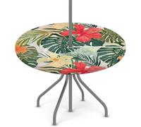 Round Garden Table Cloth With Parasol Hole, Hibiscus Flower Outdoor Circular Fitted Tablecloth With Umbrella Hole Waterproof Elastic Edged Table Cover for Party Picnic, Fit for 36"-44" Round Tables
