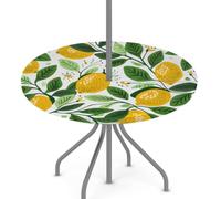 Round Garden Table Cloth With Parasol Hole, Lemon Floral Outdoor Circular Fitted Tablecloth with Umbrella Hole Waterproof Elastic Edged Table Cover for Party Picnic, Fit for 45"-56" Round Tables
