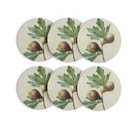 Round Glass Coasters Cork Base - Purple Figs Plank Botanical Illustration Ancient Flowers - Set of 6 (95 x 95 mm)