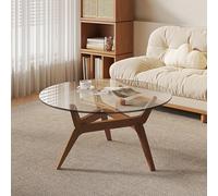 Round Glass Coffee Table, mid-Century Modern Style Side Table, Tempered Glass Tabletop and Solid Wood Legs, Suitable for Living Room, Small Apartment or Balcony Walnut