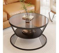 Round Glass Coffee Table - Stylish Tempered Glass Top & Wrought Iron Frame, Modern Design for Living Room & Bedroom, Easy Assembly, Black-B, 70x45 cm