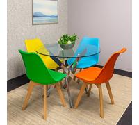 Round Glass Dining Table and 4 mix Colour leather Chairs