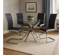 Round Glass Dining Table with 4 black Leather Chairs Dining Room Furniture