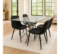 Round Glass Dining Table with 4 black Leather Chairs Dining Room Furniture