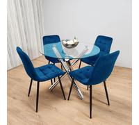 Round Glass Dining Table With 4 Blue velvet Chairs Dining Set
