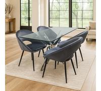Round Glass Dining Table with 4 Grey Velvet Chairs re
