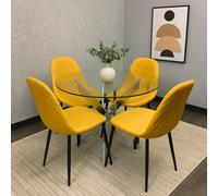 Round Glass Dining Table with 4 Mustard Leather Chairs