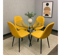 Round Glass Dining Table with 4 Mustard Leather Chairs KOSY KOALA Clear One Size