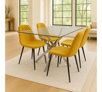 Round Glass Dining Table with 4 musturd Leather Chairs