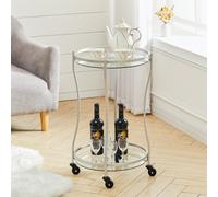 Round Glass Drinks Serving Trolley Cart Food Liquor Wine Shelf Side Table 2-Tier