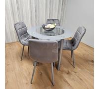 KOSY KOALA Round Glass Grey Kitchen Dining Table With Storage Shelf & 4 Grey Tufted Velvet Chairs Kitchen Dining Set KOSY KOALA Multicolor