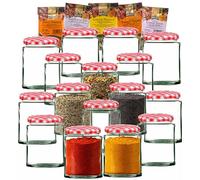 Round Glass Jars with Red Gingham Lids 5 SPICES & Adhesive Labels | 190ml / 7oz Glass Jars with Air Tight Twist Lids Reusable Canning Storage Jar for Preserves, Jelly and Herbs - 16 Jar & 5 Spice