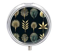 Round Gold Palm Leaf Pill Case with 3 Compartments, Portable Travel Pill Organizer Box, Mini Metal Pill Holder and Vitamin Containers for