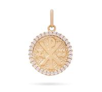 Round Gold Plated Peace Medal with Crystal - Double Sided Sterling Silver 18kt Gold Plated Christmon Symbol and Mater Ecclesiae, Little Crystals 15 mm (0.59 in)