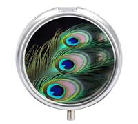 Round Green Peacock Feather Pill Organizer Pill Box 3 Compartment Portable Travel Medicine Case Daily Mini Compact Medicine Container Storage Vitamin Supplement Dispenser