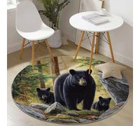 Round Green Rug for Living Room and Bedroom, 120 cm Washable Short Pile Carpet with Forest Scenery Black Bear Pattern, Soft Circle Carpet, Anti-Slip Room Decor