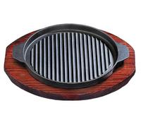 Round Griddled/Ribbed Cast Iron Sizzler Platter with Wooden Trivet 26cm