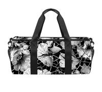 Round Gym Sports Duffel Bag with Detachable Shoulder Strap Black White Broken Flowers Training Handbag Overnight Bag for Women Men