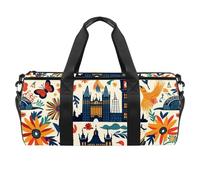 Round Gym Sports Duffel Bag with Detachable Shoulder Strap England Architecture Pattern Training Handbag Overnight Bag for Women Men