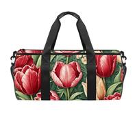 Round Gym Sports Duffel Bag with Detachable Shoulder Strap Red White Tulip Pattern Training Handbag Overnight Bag for Women Men