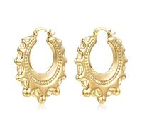 Round Gypsy Creole Earrings - Gold-Plated, Intricate Boho-Tribal Detailing, Lightweight Hinged Hoop/Hoops - Bling King London