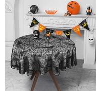 Round Halloween Spider Web Tablecloth - 70in Black Lace Table Topper Halloween Bat Cobweb Pumpkin Table Cover Fireplace Scarf Table Cloth for Halloween Party Buffet Table Door Window Decor