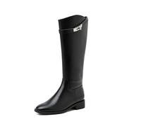Round Head Women's Boots Soft Leather Boots But Knee-high Height Increase High Boots Autumn and Winter Boots Thick Heel Belt Buckle Knight Boots Black