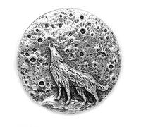 Round Howling Wolf Moon Pin Badge in a Grey Burlap Pouch