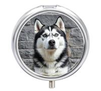 Round Husky Dog Pill Box Small Pill Case with 3 Compartment Portable Metal Medicine Organizer Mini Travel Medicine Vitamin Supplement Container for Pocket Purse