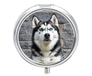Round Husky Dog Pill Box Small Pill Case with 3 Compartment Portable Metal Medicine Organizer Mini Travel Medicine Vitamin Supplement Container for Pocket Purse