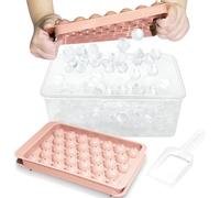Round Ice Cube Tray With Lid, Container, and Spoon - Mini Sphere Molds for Freezer, Cocktails, Whiskey, Tea, Coffee (3 Pink Trays, 1 Ice Bucket)