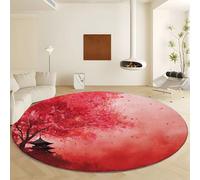 Round Indoor Rug for Living Room Diameter 160 cm Machine Washable Soft Low Pile Carpet, Japanese Plant Flowers Architecture Area Rugs - Non-Slip Red Print Carpet for Bedroom Playroom