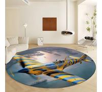 Round Indoor Rug for Living Room Diameter 180 cm Machine Washable Soft Low Pile Carpet, Military Theme Vintage Fighter Jet Area Rugs - Non-Slip Multicolor Print Carpet for Bedroom Playroom
