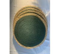 Round Jute Placemats, Green with Natural Border, Set of 4