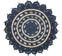 Round Jute Rug 5ft Handwoven Braided Blue Ivory Boho Décor Circular Jute Area Rug Natural Fiber Rustic Farmhouse Style Boho Décor Rugs for Dining Room Under the Table Home Décor
