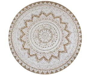 Round Jute Rug Brown/White 90cm Braided Jute Mandala Handmade Natural Reversible