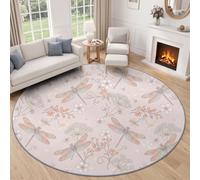 Round Kids Bedroom Rug 180 cm, Children'S Dreamy Stars Motif Machine Washable Circle Area Rug, Watercolor Gradient Insects Dragonfly Soft Non-Slip Round Carpet for Living Room Home Decor, Light Pink