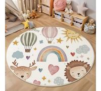 Round Kids Play Rug Childlike Elements Hot Air Balloon, Rainbow, Sun - Round 60cm Soft & Non-Slip Soft Crawling Play Mat for Children Toddlers Bedroom Playing and Learning,Washable Classroom Rug